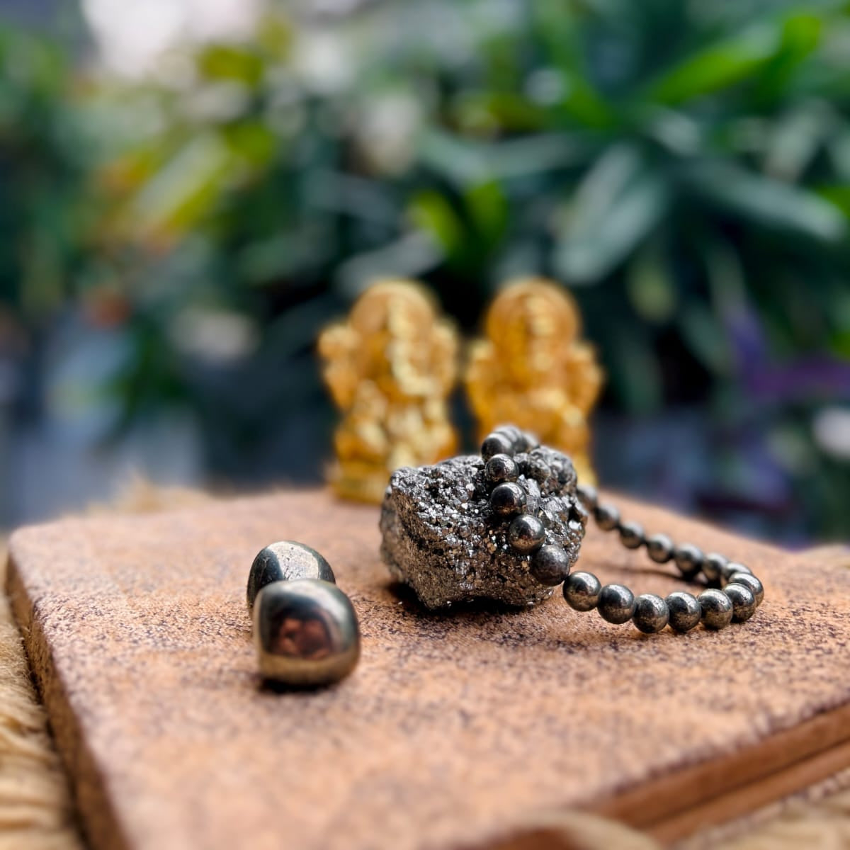 Shakti Sampatti Combo – Raw Pyrite Cluster, Bracelet & Tumbles for Wealth & Power - Ankshaktiyaan by seemaa arora