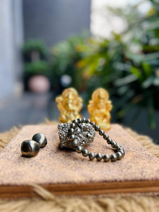 Shakti Sampatti Combo – Raw Pyrite Cluster, Bracelet & Tumbles for Wealth & Power